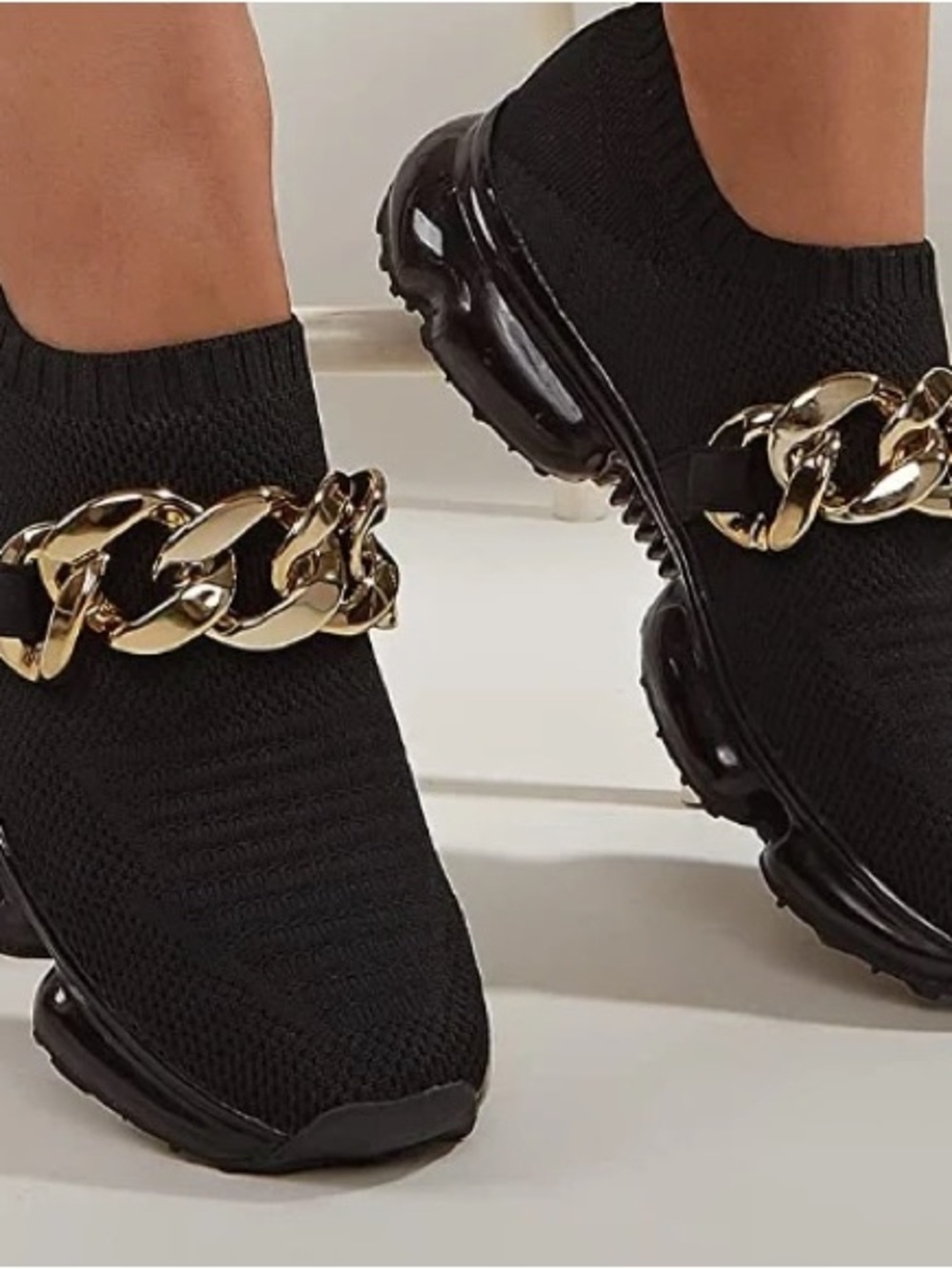 Women’s Black Knit Slip-On Sneakers with Gold Chain Detail